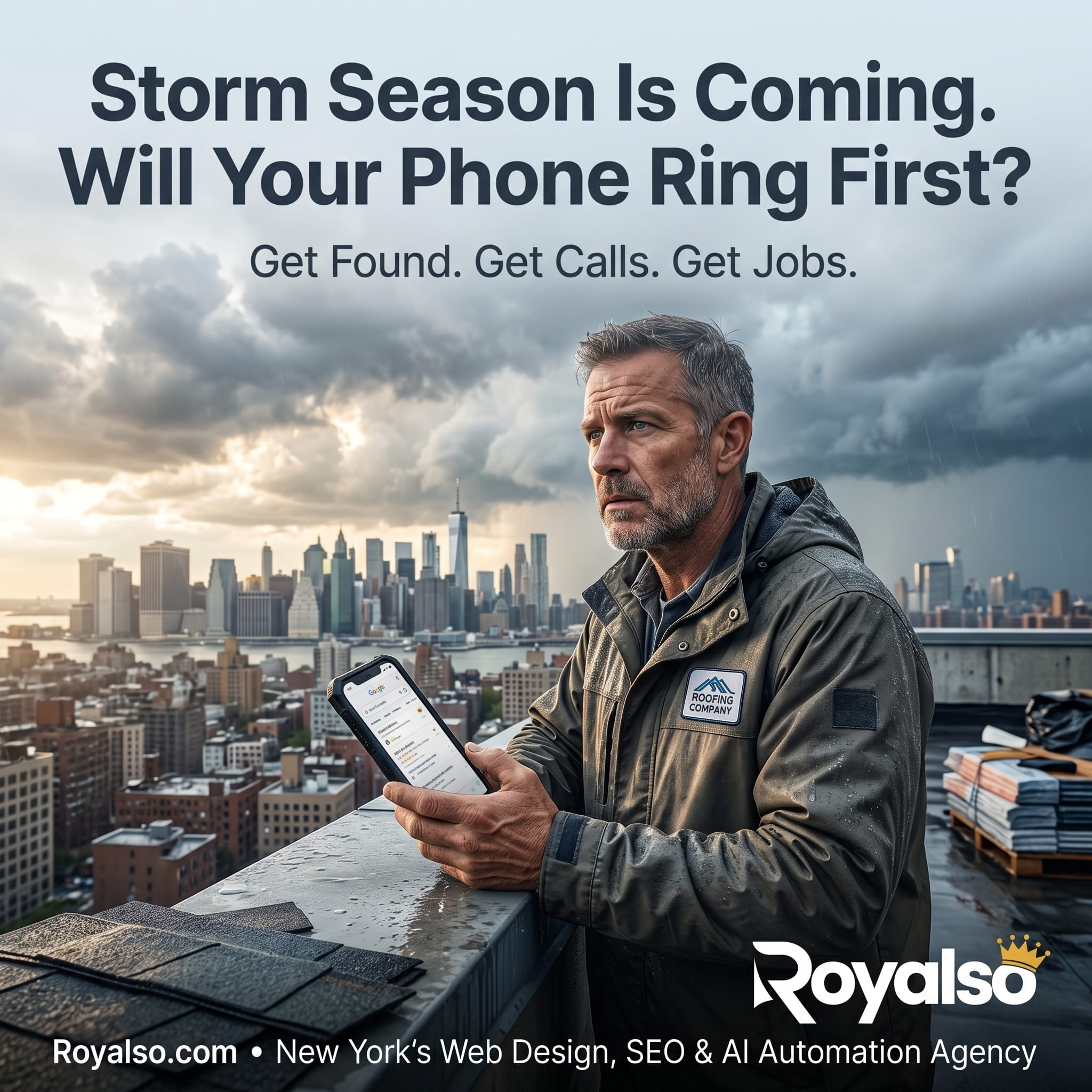 Roofing-contractor-Royalso-Ad Roofing contractor reviewing leads on phone in New York City — roofing SEO and lead generation by Royalso