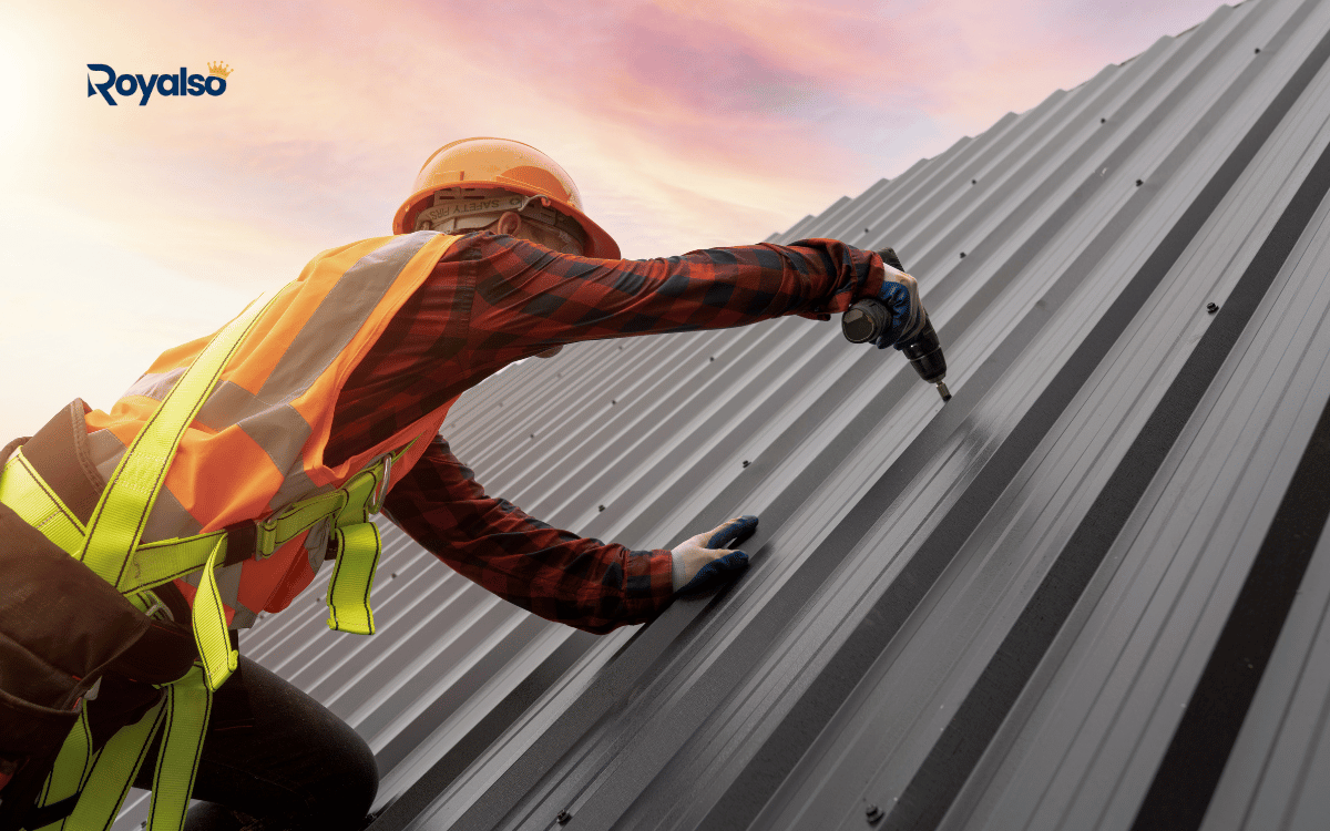 Roofing contractor installing metal roof panels in New York — SEO and lead generation services by Royalso